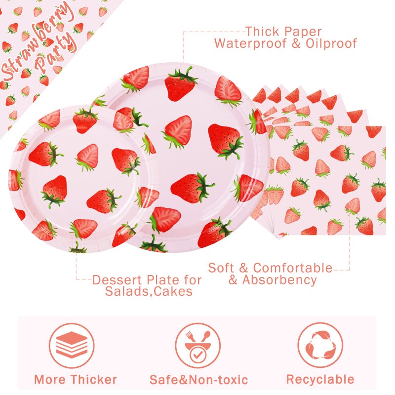 CENLBJ Strawberry Party Tableware Set Strawberry Birthday Decoration Summer Fruit Party Supplies Paper Plates Napkins Tablecloth for 25 Guests Great for Birthday Summer Fruit 1st - Image 4
